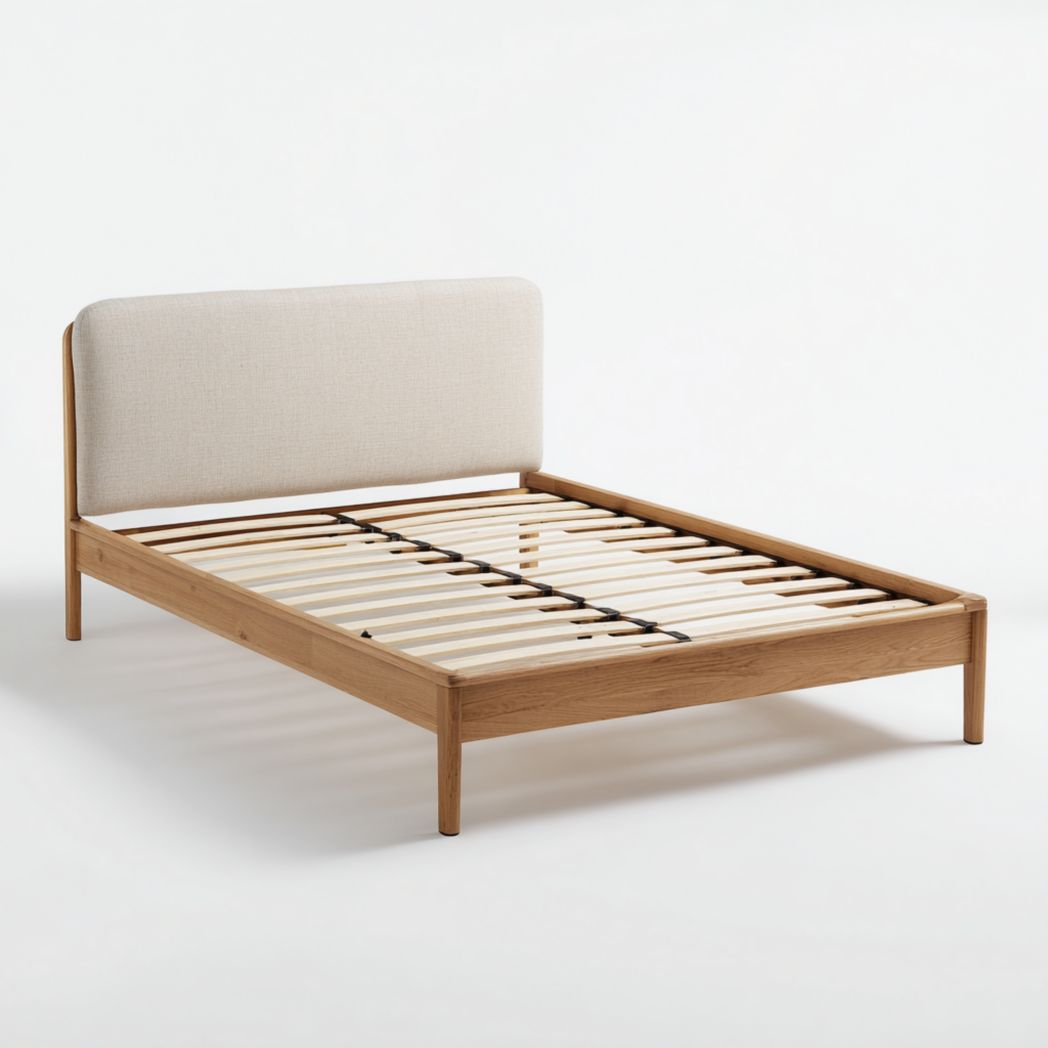 Lit en bois avec tête de lit rembourrée en tissu beige dimensions 200 x 160 x 30cm