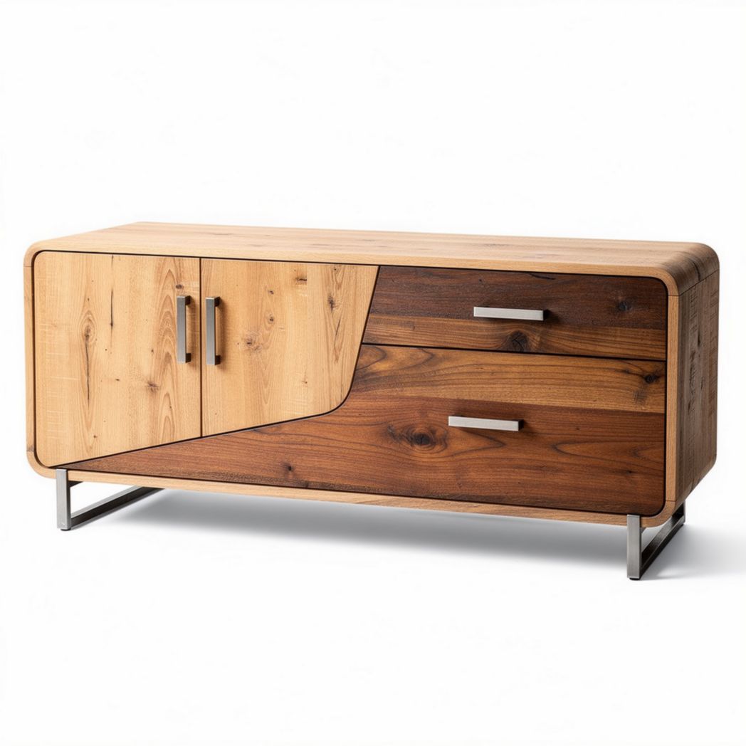 Buffet en bois massif couleur naturel avec 4 tiroirs et 2 portes 120 x 40 x 50cm