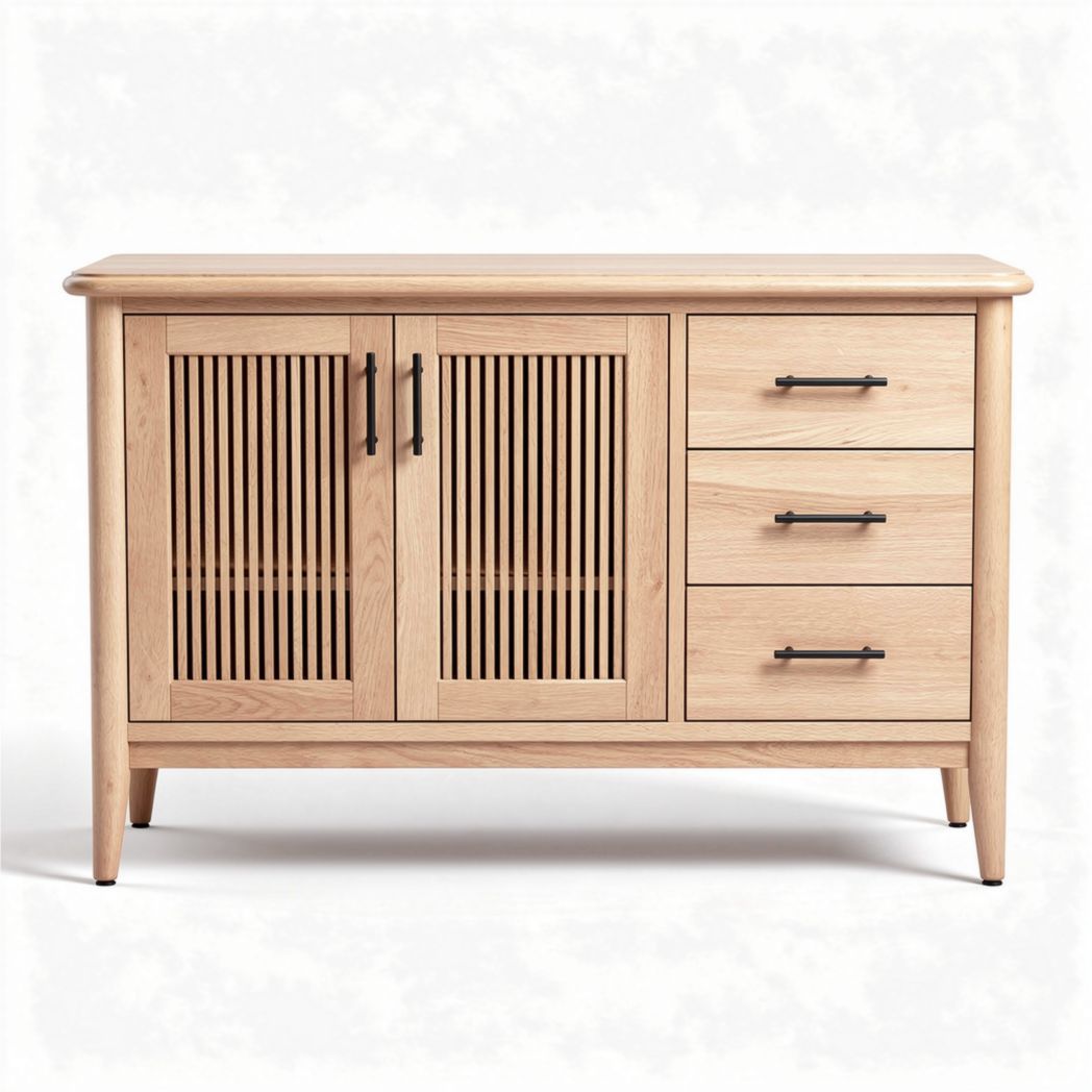 Buffet en bois de chêne avec portes à lamelles et trois tiroirs 120 x 45 x 75cm