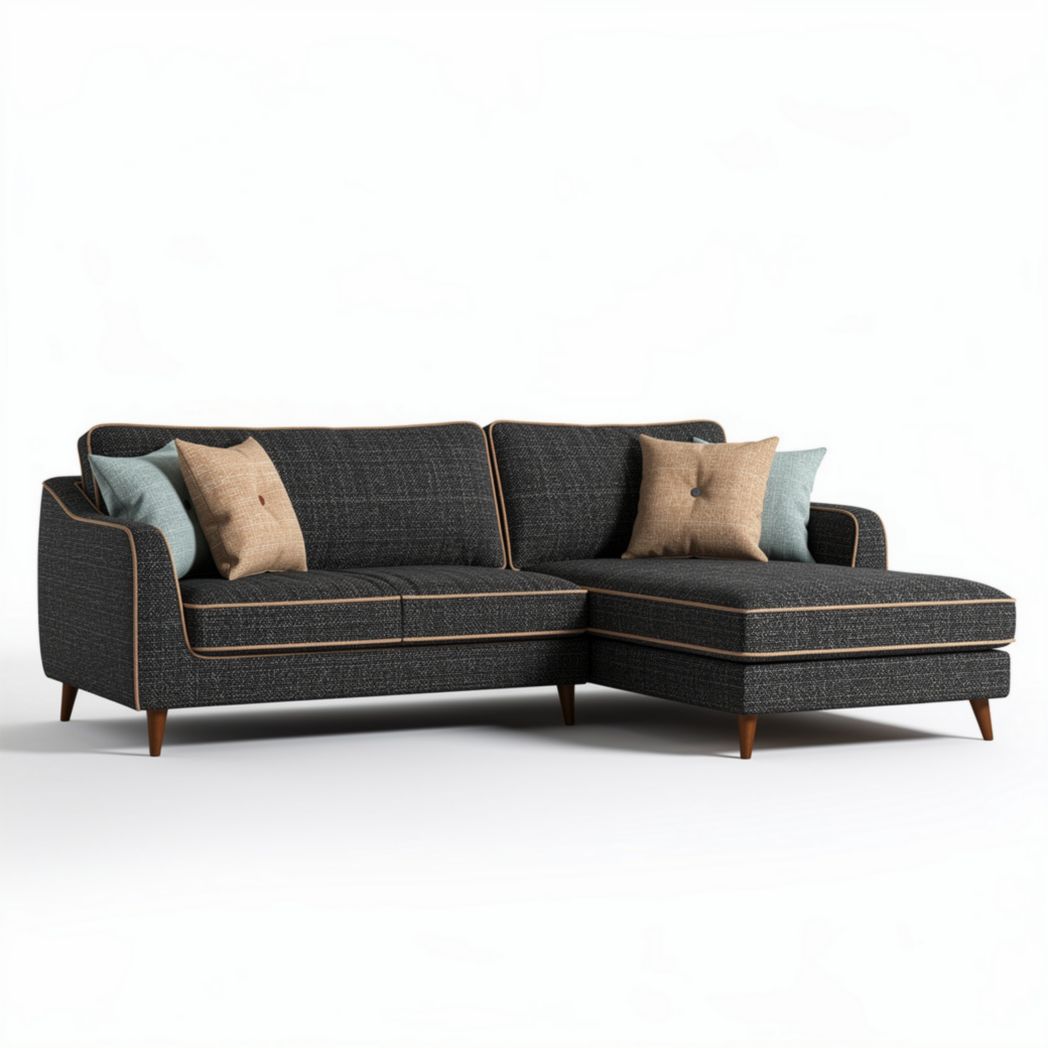 Canapé d'angle en tissu gris avec coussins décoratifs dimensions 210 x 90 x 85cm